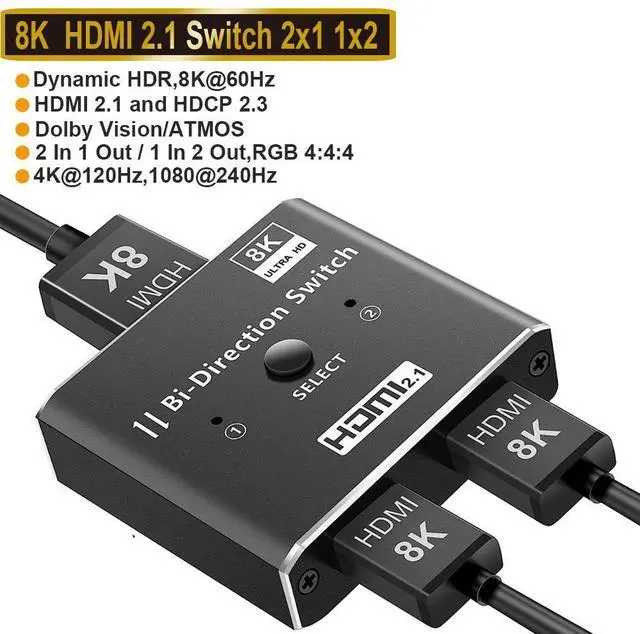 Main image of HDMI Switch 4K@120HzUpgraded2 in 1 Out HDMI Splitter/1 in 2 Out Switcher, 2 Port Hdmi Switcher Box Supports Full HD 8K 4K 1080P 3D,HDMI Switcher Selector 2.1 HDMI Switch for Xbox PS3 4 5 TV Gaming