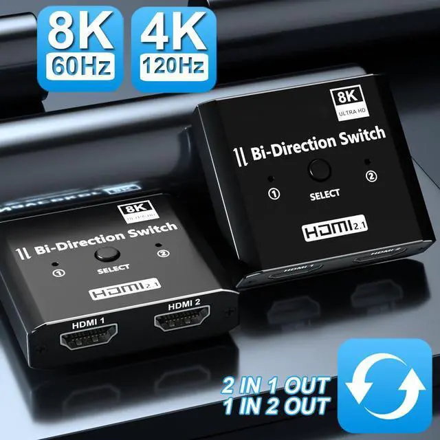 Main image of HDMI Switch 8k@60hz Splitter, Aluminum Bidirectional HDMI Switcher 2 in 1 Out,Splitter 1 in 2 Out, Manual HDMI Hub Supports HD Compatible with Xbox PS5/4/3 Blu-Ray Player Fire Stick Roku
