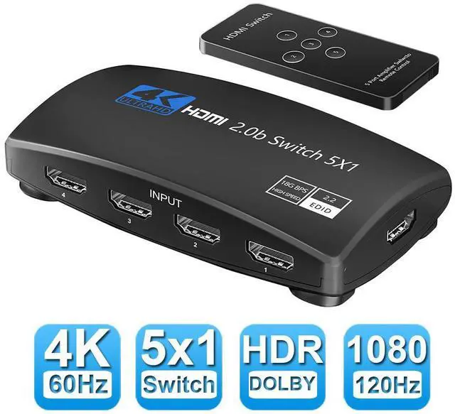 Main image of 4K@60Hz 5 Port HDMI Switch, 5 in 1 Out HDMI Switcher Selector Support HDR & HDCP 2.2 & Full 3D with IR Remote Control for Nintendo Switch,Xbox PS5/PS4,Fire Stick,Roku,Apple TV