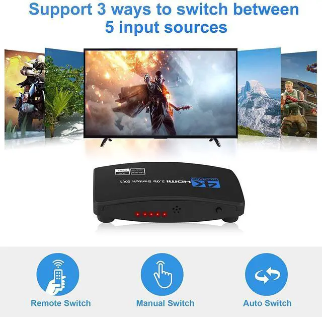 Alt view image 4 of 7 - 4K@60Hz 5 Port HDMI Switch, 5 in 1 Out HDMI Switcher Selector Support HDR & HDCP 2.2 & Full 3D with IR Remote Control for Nintendo Switch,Xbox PS5/PS4,Fire Stick,Roku,Apple TV