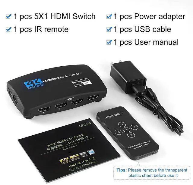 Alt view image 7 of 7 - 4K@60Hz 5 Port HDMI Switch, 5 in 1 Out HDMI Switcher Selector Support HDR & HDCP 2.2 & Full 3D with IR Remote Control for Nintendo Switch,Xbox PS5/PS4,Fire Stick,Roku,Apple TV