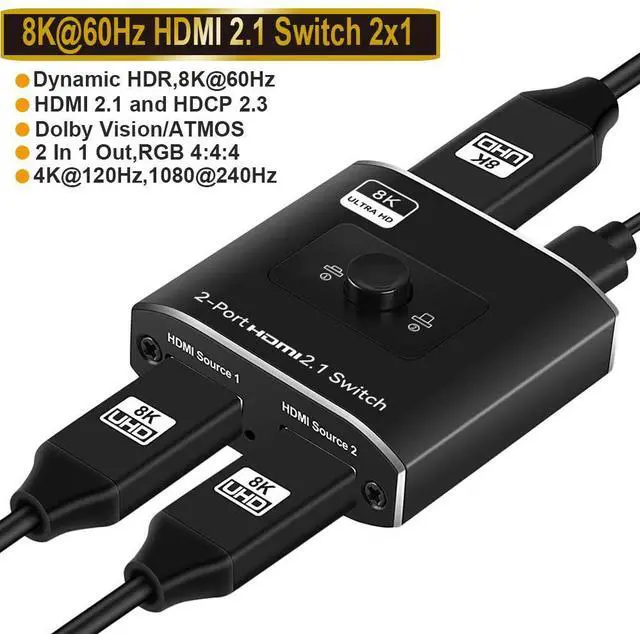 Main image of HDMI 2.1 Switch 8K, HDMI Switcher 2 in 1 Out, 2 Port 4K 120Hz HDMI Selector Hub Support 8K@60Hz 48Gbps for Xbox Series X PS4 Pro PS5 Roku UHD TV Monitor Projector(OZ8Q2)