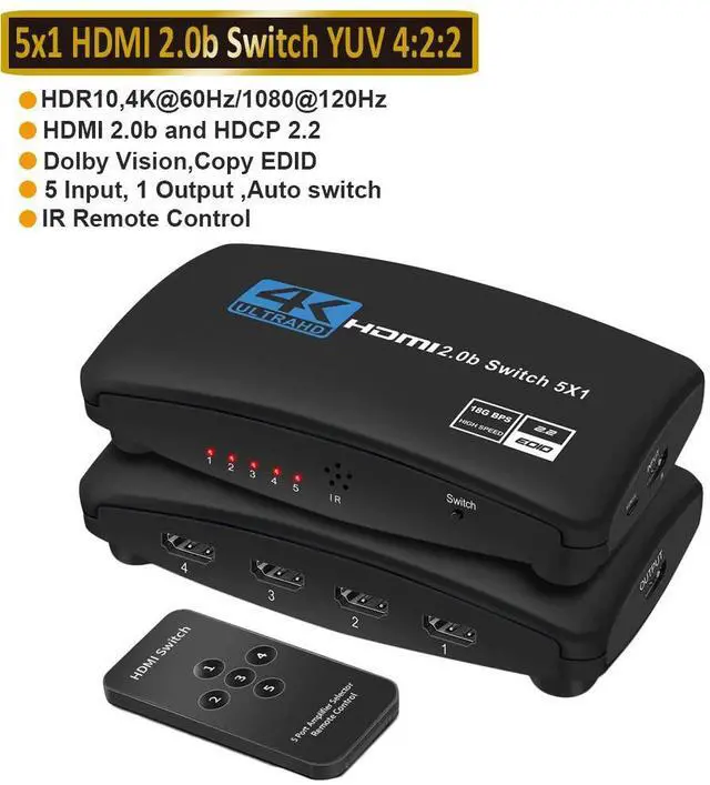 Main image of HDMI Switcher, 5x1 HDMI Selector 5 In 1 Out with IR Wireless Remote Control for Fire Stick, Xbox, PS3/4, Roku, Apple TV and DVD Players ect Support 4K*2K(3840*2160) 3D Ultra HD - OZQ3-5