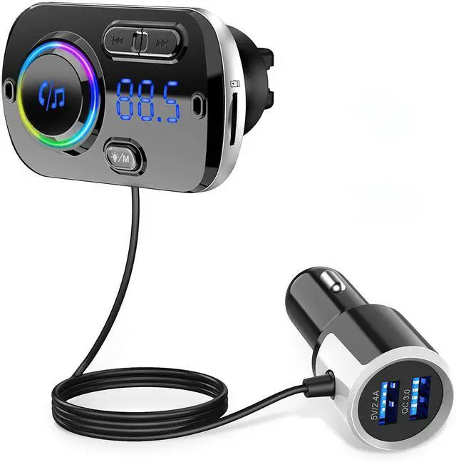 Main image of Bluetooth FM Transmitter for Car,7 Color LED Backlit Car Adapter, QC3.0 Dual Ports Charger, Wireless Radio Audio Player, Handsfree Calling & Music Receiver, for Most Smartphones, Support TF Card