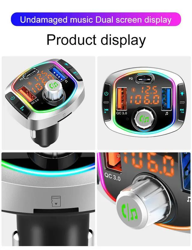 Alt view image 2 of 7 - WRIARICH BC63 Bluetooth 5.0 FM Transmitter for Car, Wireless Bluetooth FM Radio Adapter Bass Sound Music Player FM Car Kit with LED Backlit Hands-free Calling and 2 USB Ports QC3.0/18W+USB-C Charger