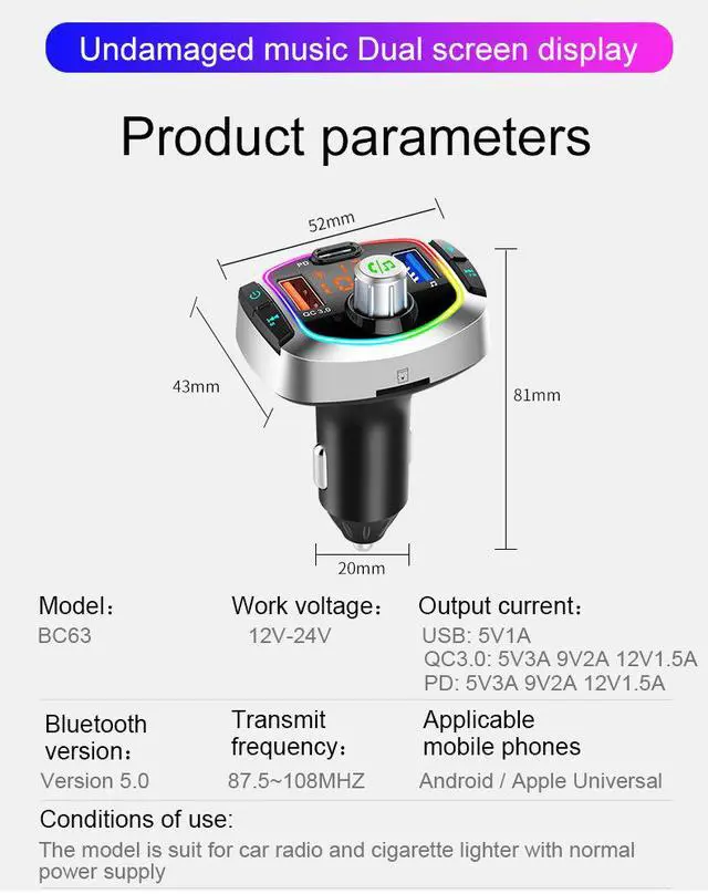 Alt view image 2 of 7 - Bluetooth FM Transmitter for Car,with LED Backlit QC3.0+USB-C Wireless Bluetooth FM Radio Adapter Music Player FM Transmitter/Car Kit with Hands-Free Calling and USB Ports Charger Support USB Drive