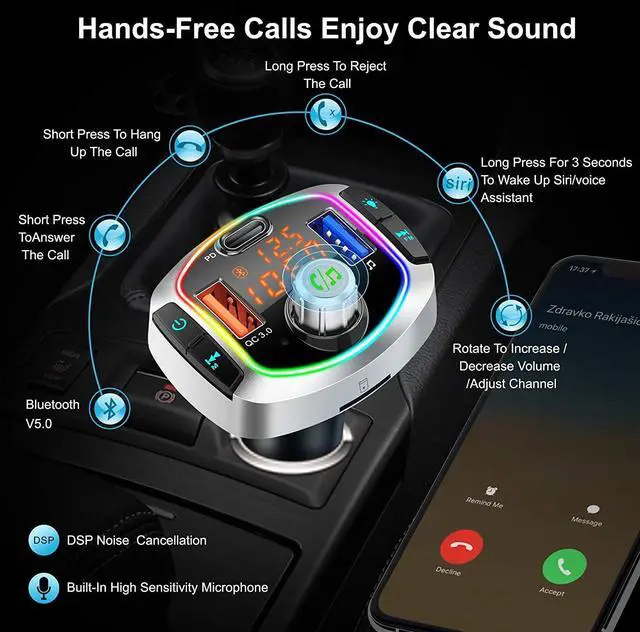 Alt view image 4 of 7 - Bluetooth FM Transmitter for Car,with LED Backlit QC3.0+USB-C Wireless Bluetooth FM Radio Adapter Music Player FM Transmitter/Car Kit with Hands-Free Calling and USB Ports Charger Support USB Drive