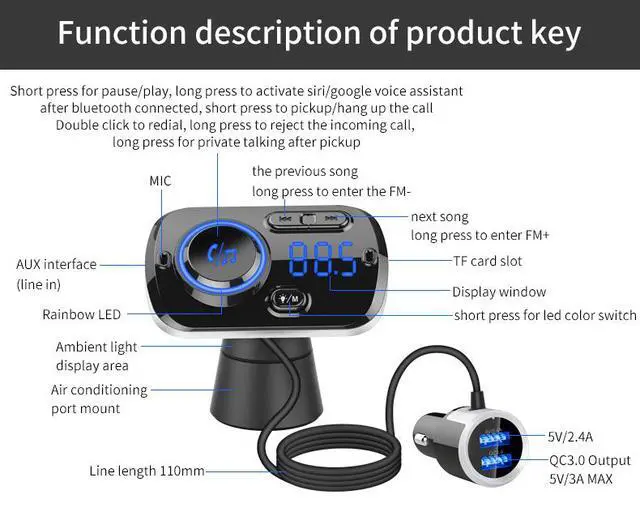 Alt view image 2 of 7 - Bluetooth FM Transmitter for Car 5.0 ,Bluetooth Car Adapter with QC3.0 Dual USB Ports, Wireless FM Audio Receiver MP3 Music Player with Hands-free Calls & 7 Colors Backlit Support TF Card