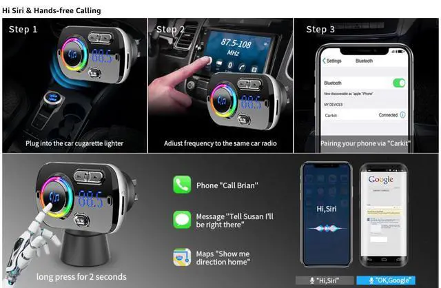 Alt view image 4 of 7 - Bluetooth FM Transmitter for Car 5.0 ,Bluetooth Car Adapter with QC3.0 Dual USB Ports, Wireless FM Audio Receiver MP3 Music Player with Hands-free Calls & 7 Colors Backlit Support TF Card