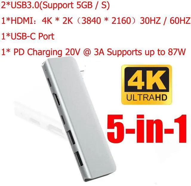 Main image of Type C Hub, USB C Hub, 5 in 1 Adapter with 2*Port USB 3.0(Support 5GB / S) + 1*USB-C + 1*4K HDMI + 1* PD Charging Port Supports up to 87W Compatible for Mac Pro and Other Type C Device