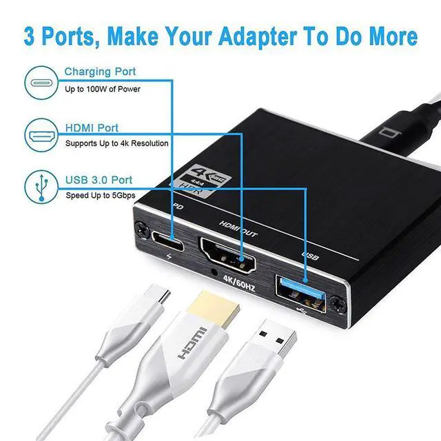 Alt view image 2 of 7 - USB C/Type C to HDMI Adapter, Thumderbolt 3 to HDMI 4K@60Hz Adapter, USB-C Multiport Adapter for Mac/MacBook/iPad Pro/ S20/S10+/Projector with USB 3.0 Port and 100W PD Quick Charging Port