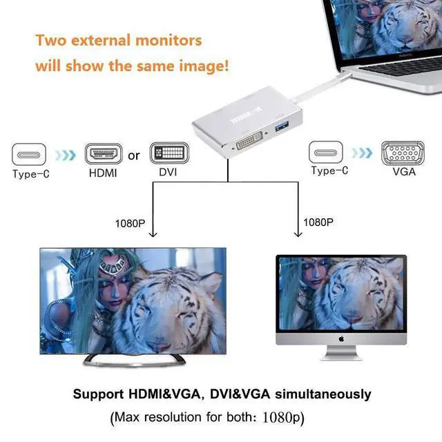 Alt view image 5 of 7 - WRIARICH USB C to HDMI/DVI/VGA Adapter, 4 in 1 USB 3.1 Type-C Hub VGA/HDMI/DVI Video Adapter 4K UHD, Support HDMI&VGA, DVI&VGA Simultaneously, Male to Female Multi-Display Video Converter