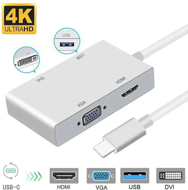 Main image of WRIARICH USB C to HDMI/DVI/VGA Adaptor, Type C to VGA DVI HDMI Adapter & USB 3.0 Hub 4 in 1 for MacBook2016/2017, HP Spectre X360/Dell XPS,Samsung Galaxy S8 and More Devices.
