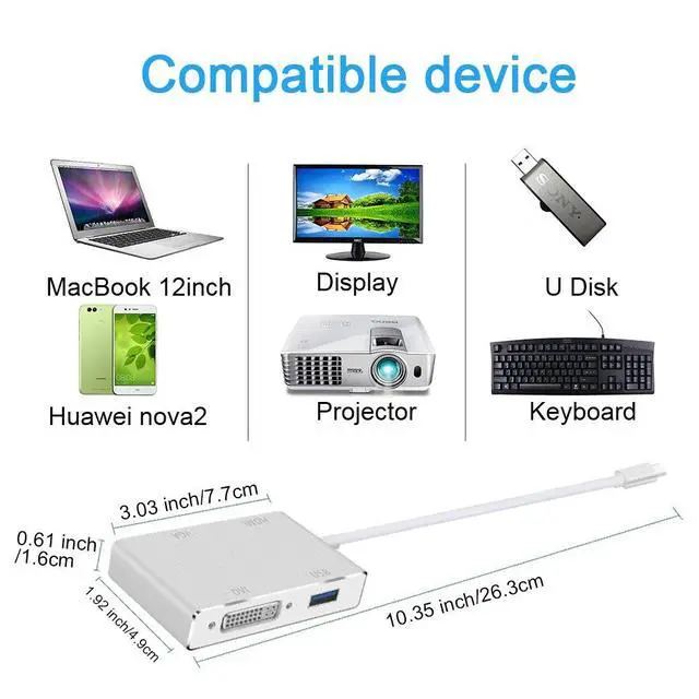 Alt view image 6 of 7 - WRIARICH USB C to HDMI/DVI/VGA Adaptor, Type C to VGA DVI HDMI Adapter & USB 3.0 Hub 4 in 1 for MacBook2016/2017, HP Spectre X360/Dell XPS,Samsung Galaxy S8 and More Devices.