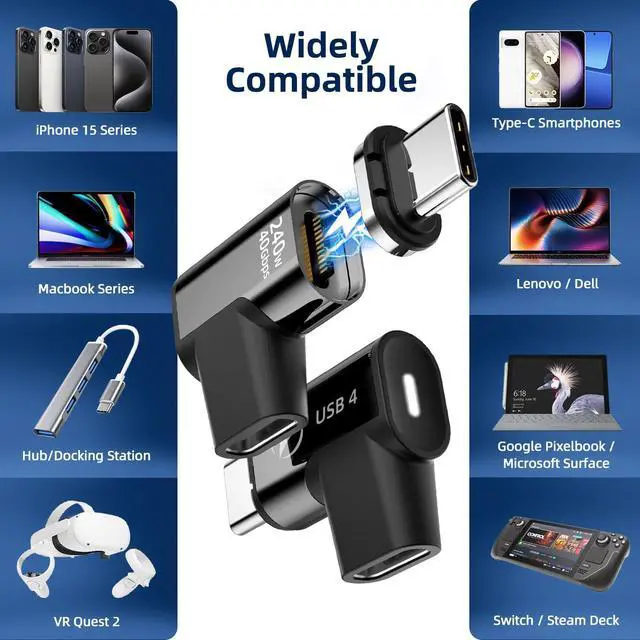 Alt view image 4 of 7 - WRIARICH 2Pack 240W Magnetic Right Angle USB C Male to USB C Female Adapter 90 Degree, Type C Adapter Extender, 40Gbps 8K Video for USB 4 Steam Deck, ROG Ally, Switch, PC, Tablet, iPhone 15