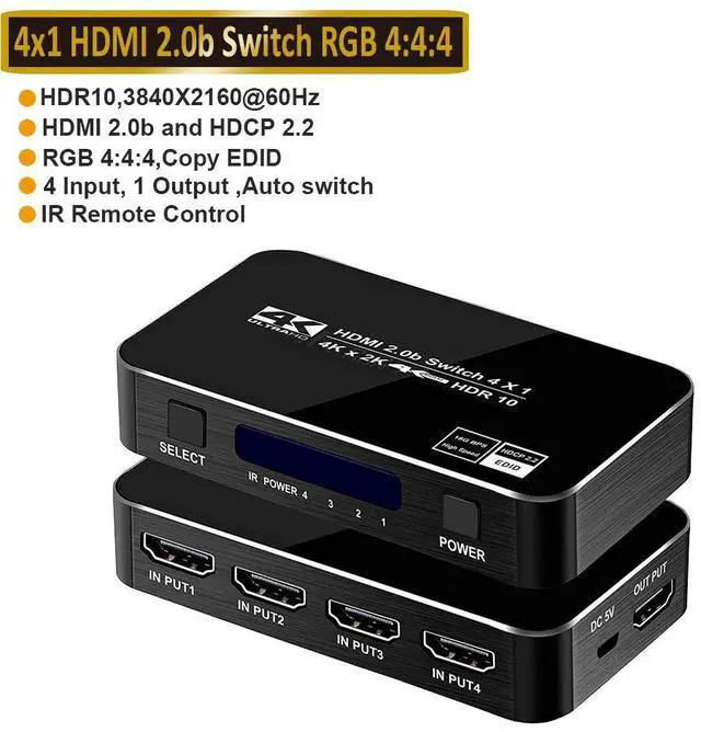 Main image of 4K@60Hz 4 Port HDMI Switch, 4 in 1 Out HDMI Switcher Selector Support HDR & HDCP 2.2 & Full 3D with IR Remote Control for Nintendo Switch,Xbox PS5/PS4,Fire Stick,Roku,Apple TV