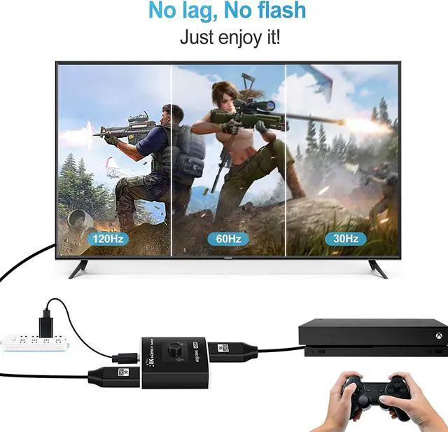 Alt view image 3 of 7 - HDMI Switch 4k 120hz, Ultra Hd 8k High Speed 48gbps, HDMI 2.1 One Button Switch, 2 in 1 Out Supports 3D 8K@60Hz 4K@120Hz, Compatible for PS5 PS4 Projectors Monitor Blu-ray Player Xbox(OZ8Q2B)