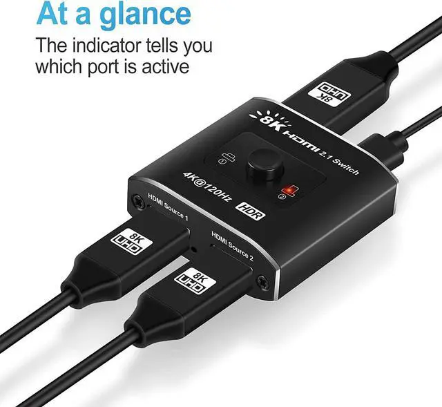 Alt view image 7 of 7 - HDMI Switch 4k 120hz, Ultra Hd 8k High Speed 48gbps, HDMI 2.1 One Button Switch, 2 in 1 Out Supports 3D 8K@60Hz 4K@120Hz, Compatible for PS5 PS4 Projectors Monitor Blu-ray Player Xbox(OZ8Q2B)