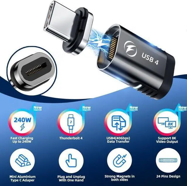 Alt view image 4 of 7 - 2 Pack USB C Magnetic Adapter 240w, 24 Pin Straight Magnetic USB C Adapter with PD Fast Charge USB4 40Gbps 8K 60Hz Video Compatible for Thunderboard 3/4, MacBook Pro/Air/ROG Ally/Steam Deck/PS5