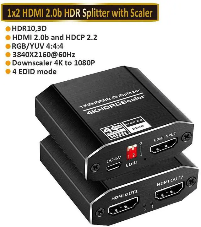 Main image of HDMI Switch HDMI Splitter 4K@60HZ, HDMI Splitter 1 in 2 Out with 4 kinds of EDID mode, Supports HDCP2.2, HDMI2.0b, EDID, 3D, RGB 4:4:4 for PS4 PS5 Blu-Ray-Player Fire Stick Xbox PC