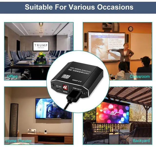 Alt view image 7 of 7 - HDMI Splitter 1 in 2 Out with 4 kinds of EDID mode- 4K Ver HDMI2.0 HDCP2.2, Powered HDMI Splitter Supports HDCP2.2, HDMI2.0b, EDID, 3D, RGB 4:4:4 for Xbox PS4 PS3 Fire Stick Roku Blu-Ray Player TV