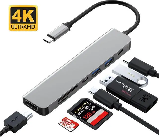 Main image of WRIARICH 7-in-1 Powered USB-C Multiport Hub Adapter: 100W PD, 4K HDMI, USB-C Ports, 2*USB 3.0, SD/TF Card Reader - Compatible with Laptops, Computers, MacBook Pro/Air, and Other Type-C Devices