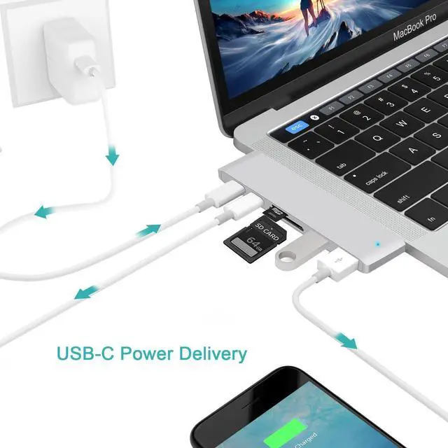 Main image of WRIARICH USB C Hub, 6 in 1 Aluminum Type C Hub Adapter, with 2*USB 3.0 Ports, 2*TF/SD Card Reader, 2*USB-C Thunderbolt 3 for MacBook Pro 13? and 15? 2016/2017/2018 -Silver