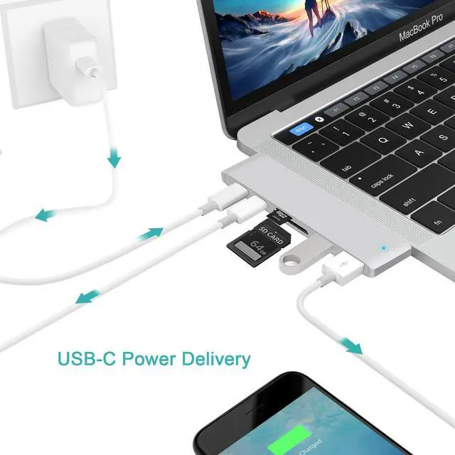 Alt view image 2 of 7 - WRIARICH USB C Hub, 6-in-1 USB C Docking Station with 2* USB-C Thunderbolt 3 Ports, 2* USB 3.0 Ports,2* TF/SD Card Reader,Compatible with MacBook Pro 2018/2017/2016 13/15inch -Gray