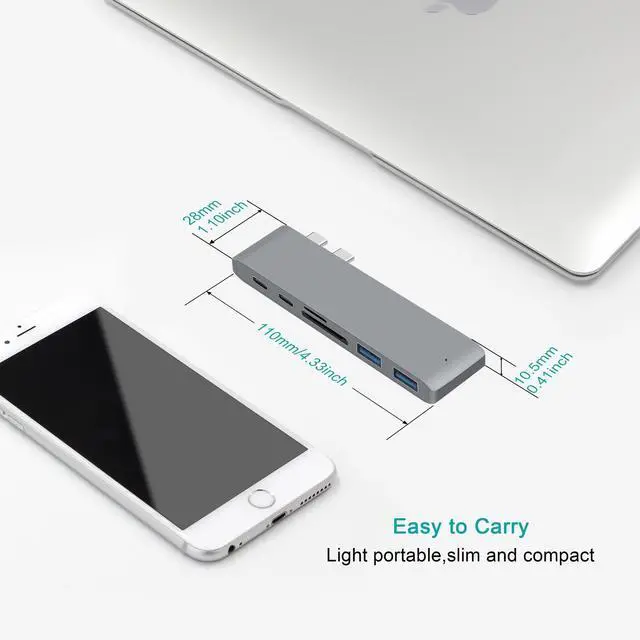 Alt view image 6 of 7 - WRIARICH USB C Hub, 6-in-1 USB C Docking Station with 2* USB-C Thunderbolt 3 Ports, 2* USB 3.0 Ports,2* TF/SD Card Reader,Compatible with MacBook Pro 2018/2017/2016 13/15inch -Gray