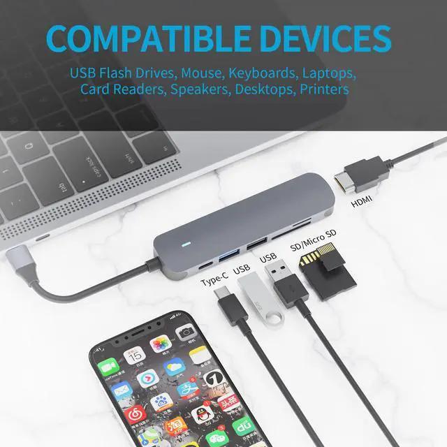 Alt view image 2 of 7 - WRIARICH 6 in 1 Type C USB C Hub 3.0 to HDMI Adapter 4K Video USB3.0 USB2.0 SD/TF MicroSD Card Reader Splitter PD 3.0 Hub for PC Laptops NS Switch and MacBook for Computer Accessories