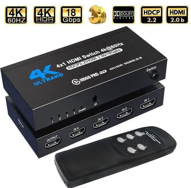 Main image of HDMI Switch 4k@60HZ HDMI Splitter 4 in 1 Out HDMI Switcher Selector with IR Remote Control, HDMI 4 Port Box Hub Support 3D HDCP2.2 for PS4/Xbox One/Fire TV/Apple TV/Sky Box/STB/DVD/Roku