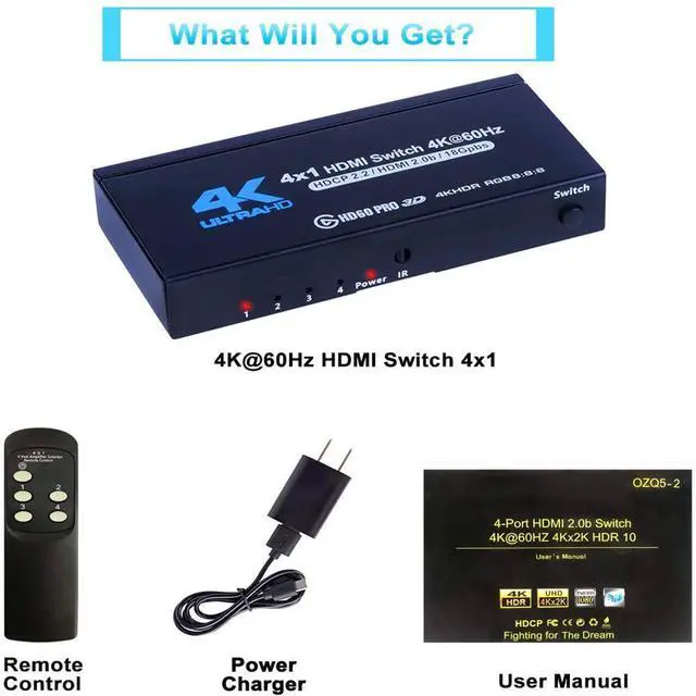 Alt view image 7 of 7 - HDMI Switch 4k@60HZ HDMI Splitter 4 in 1 Out HDMI Switcher Selector with IR Remote Control, HDMI 4 Port Box Hub Support 3D HDCP2.2 for PS4/Xbox One/Fire TV/Apple TV/Sky Box/STB/DVD/Roku