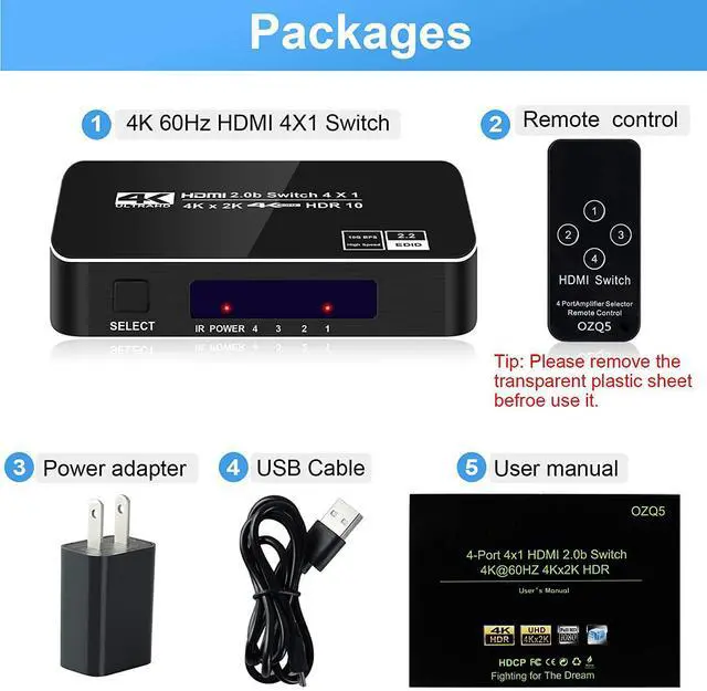 Alt view image 7 of 7 - HDMI Switch 4K 60Hz, HDMI Splitter 4 in 1 Out, HDMI2.0 Switch Support 4K@60Hz 18Gbps for Xbox Series PS5/4/3 HD TV Monitor Projector - OZQ5