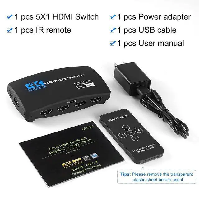 Alt view image 7 of 7 - HDMI Switch 4K@60Hz, 5 Port HDMI 2.0 Switcher Selector 5 in 1 Out HDMI Switch with IR Remote Control, Supports 4K HDR10 HDCP 2.2 3D Dolby for Nintendo Switch,Xbox PS5/PS4,Fire Stick and More - OZQ3-5
