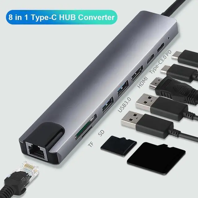 Main image of USB C Hub, 8-in-1 Type C Hub with Ethernet, 4K USB C to HDMI, 2 USB 3.0, 87W PD, Type-C Data Port, SD/TF Cards Reader, Docking Station for MacBook Pro Air XPS and Other USB-C