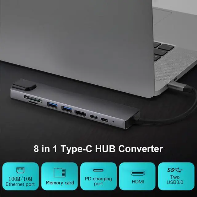 Alt view image 2 of 7 - WRIARICH USB 8-in-1 Type C to 2USB3.0 HUB + SD/TF Card Reader + 87W PD Charging + Type-C Data Port + 4K HDMI + RJ45 100M Network Card for Portable for Mac Pro, and More
