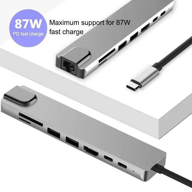 Alt view image 6 of 7 - WRIARICH USB 8-in-1 Type C to 2USB3.0 HUB + SD/TF Card Reader + 87W PD Charging + Type-C Data Port + 4K HDMI + RJ45 100M Network Card for Portable for Mac Pro, and More