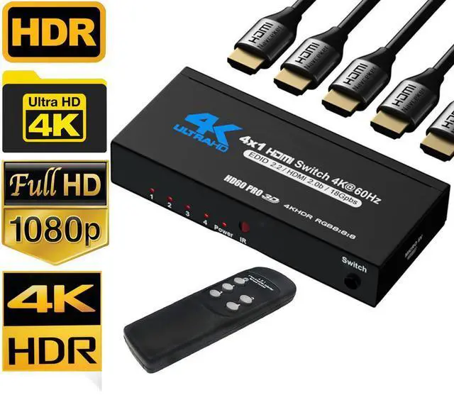 Main image of 4K HDR HDMI Switch, 4 Ports 4K 60Hz HDMI 2.0 Switcher Selector with IR Wireless Remote, Supports UltraHD Dolby Vision, High Speed(Max to 18.5Gbps), HDR10, HDCP 2.2 & 3D