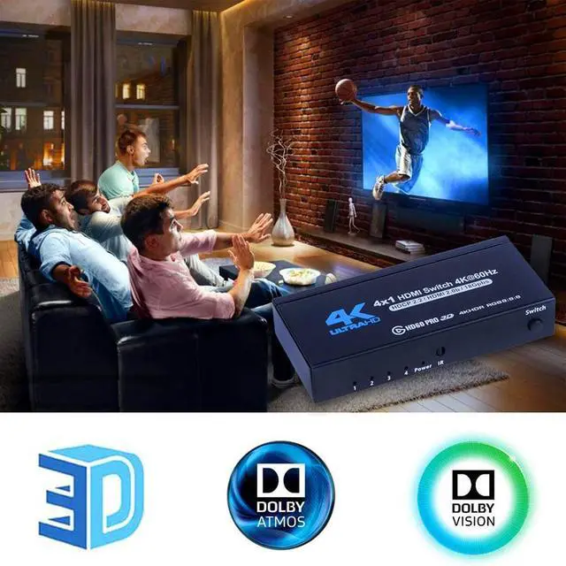 Alt view image 5 of 7 - 4K HDR HDMI Switch, 4 Ports 4K 60Hz HDMI 2.0 Switcher Selector with IR Wireless Remote, Supports UltraHD Dolby Vision, High Speed(Max to 18.5Gbps), HDR10, HDCP 2.2 & 3D