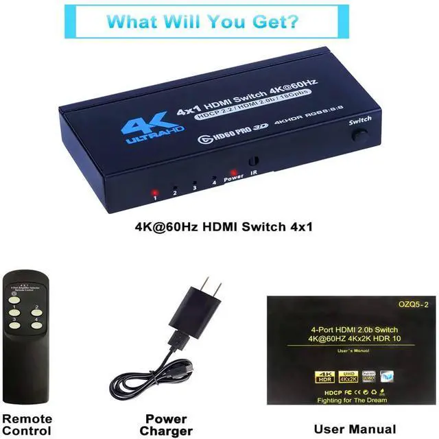 Alt view image 7 of 7 - 4K HDR HDMI Switch, 4 Ports 4K 60Hz HDMI 2.0 Switcher Selector with IR Wireless Remote, Supports UltraHD Dolby Vision, High Speed(Max to 18.5Gbps), HDR10, HDCP 2.2 & 3D