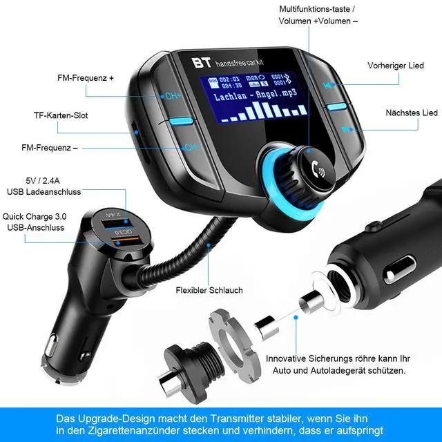 Alt view image 2 of 7 - Bluetooth 4.2 FM Transmitter for Car,BT70 Wireless Bluetooth FM Radio Adapter Bass Sound Music Player FM Car Kit with Hands-free Calling and 2 USB Ports QC3.0/2.4A Charger Support USB Drive