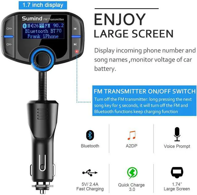 Alt view image 4 of 7 - WRIARICH Bluetooth 4.2 FM Transmitter for Car, QC3.0 Wireless Bluetooth FM Radio Adapter Music Player FM Transmitter/Car Kit with Hands-Free Calling and 2 USB Ports Charger Support USB Drive