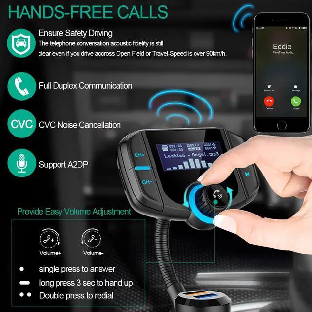 Alt view image 5 of 7 - Bluetooth 4.2 FM Transmitter for Car, 1.7 Inch led Display Wireless Bluetooth Radio Adapter Music Player/Car Kit with Bass Booster, Hands-Free Calls, Siri Google Assistant -BT70