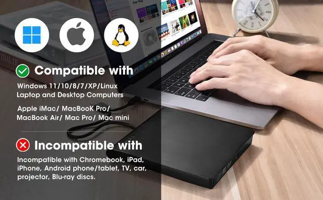 Alt view image 2 of 7 - XD001 External CD Drive USB 3.0/Type-C Portable CD/DVD+/-RW Burner Player Writer CD ROM for Laptop Mac MacBook Ai Pro Windows Desktop PC(Black)