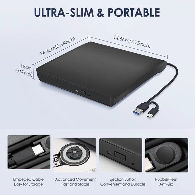 Alt view image 6 of 7 - XD001 External CD Drive USB 3.0/Type-C Portable CD/DVD+/-RW Burner Player Writer CD ROM for Laptop Mac MacBook Ai Pro Windows Desktop PC(Black)