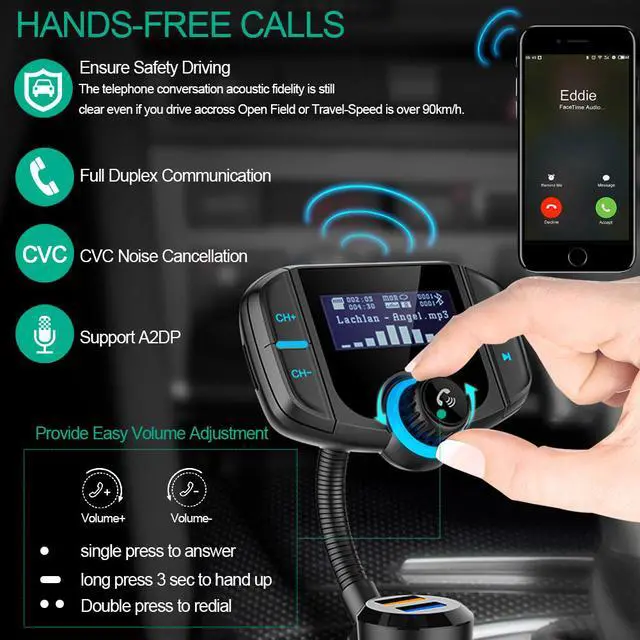 Alt view image 6 of 7 - WRIARICH BT70 Bluetooth FM Transmitter, Upgraded Car Transmitter, Wireless Audio FM Transmitter, Support Siri Google Assistant, QC3.0 Charging, Hands-Free Calls with 2 USB Ports QC3.0/2.4A Charger