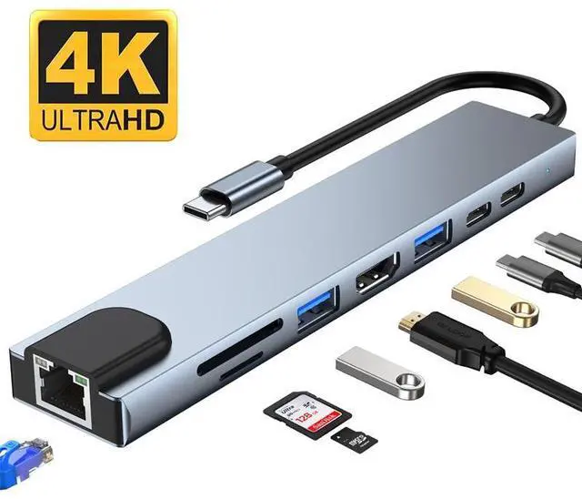 Main image of USB C Hub 8 in 1 Multi-Function Hub with USB C to 4K HDMI, RJ45 Ethernet Port, USB3.0/2.0 ports, SD/TF Card Reader, 87W PD, Type-C Port for iPad Air 2020, MacBook Pro 13/15