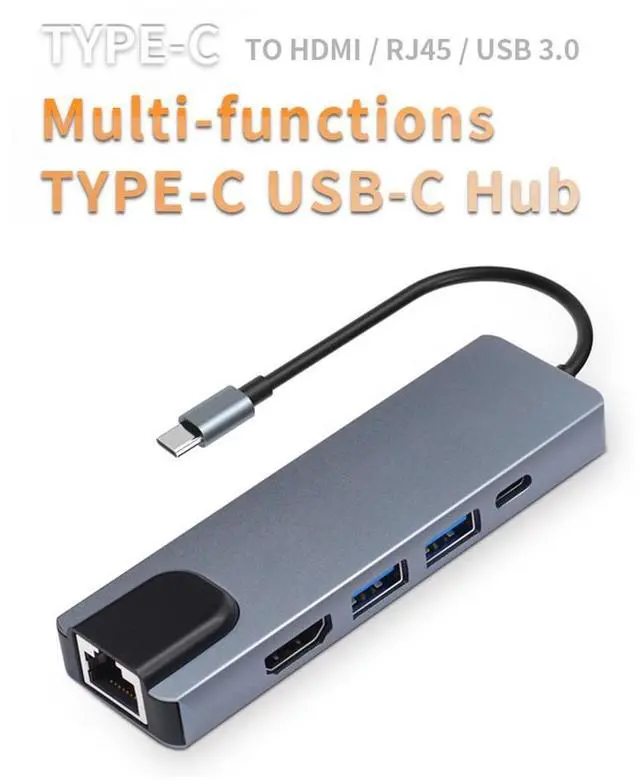 Main image of USB C Hub, 5-in-1 USB C PD Ethernet Hub with 100W Power Delivery, 4K HDMI, 1Gbps Ethernet, 2 USB 3.0 Data Ports, for MacBook Pro, MacBook Air, iPad Pro, XPS, and More