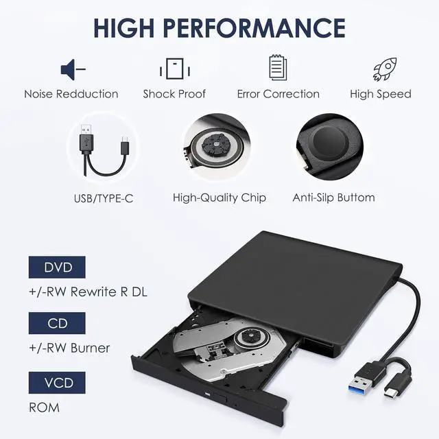 Alt view image 4 of 7 - XD001 External CD/DVD Drive USB 3.0/2.0 Portable High Speed Data Transfer CD/DVD-RW Drive/Writer/Rewriter/Player for MacBook Pro Laptop/Desktops Win 7/8.1/10 and Linux OS,Black