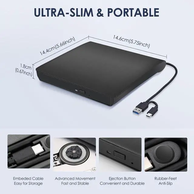 Alt view image 6 of 7 - XD001 External CD/DVD Drive USB 3.0/2.0 Portable High Speed Data Transfer CD/DVD-RW Drive/Writer/Rewriter/Player for MacBook Pro Laptop/Desktops Win 7/8.1/10 and Linux OS,Black